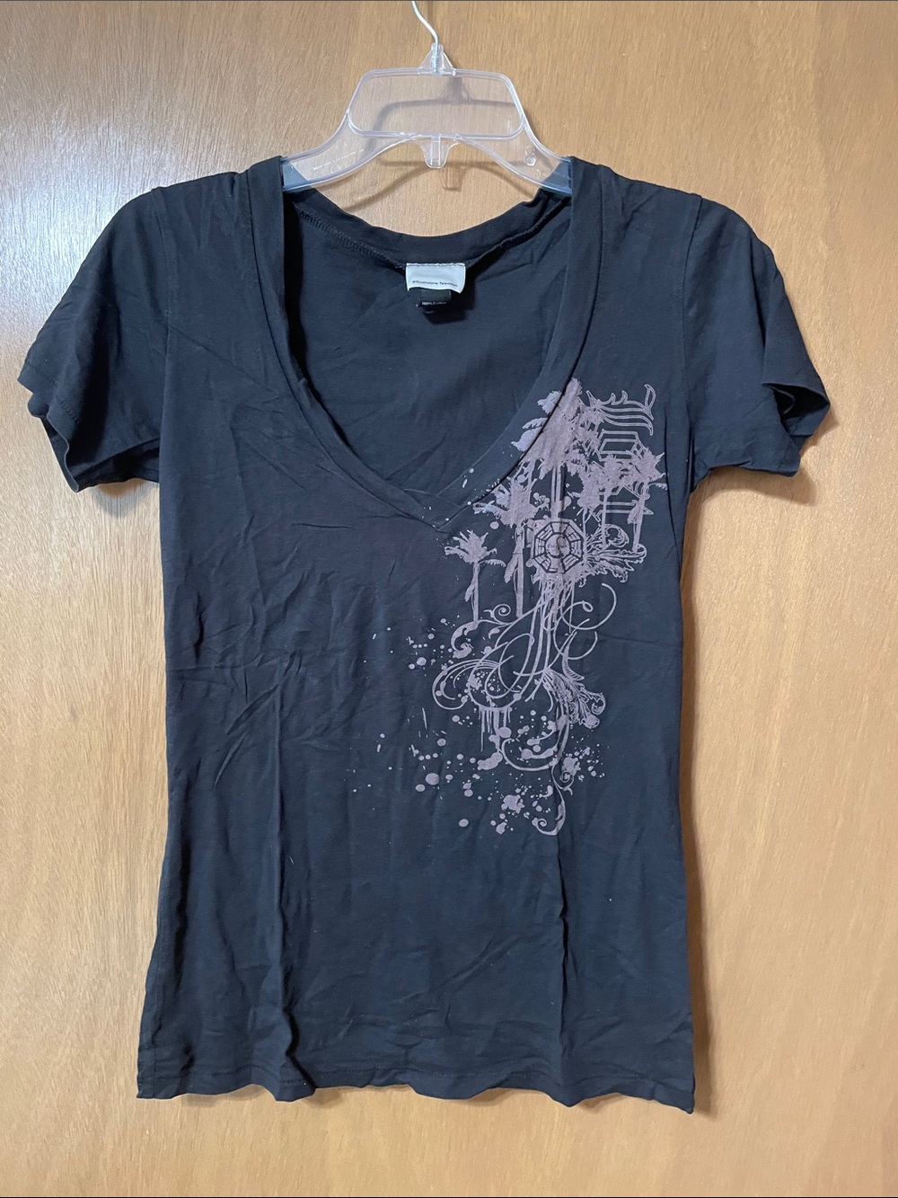 Black V-Neck Short Sleeve Tee with Subtle Graphic